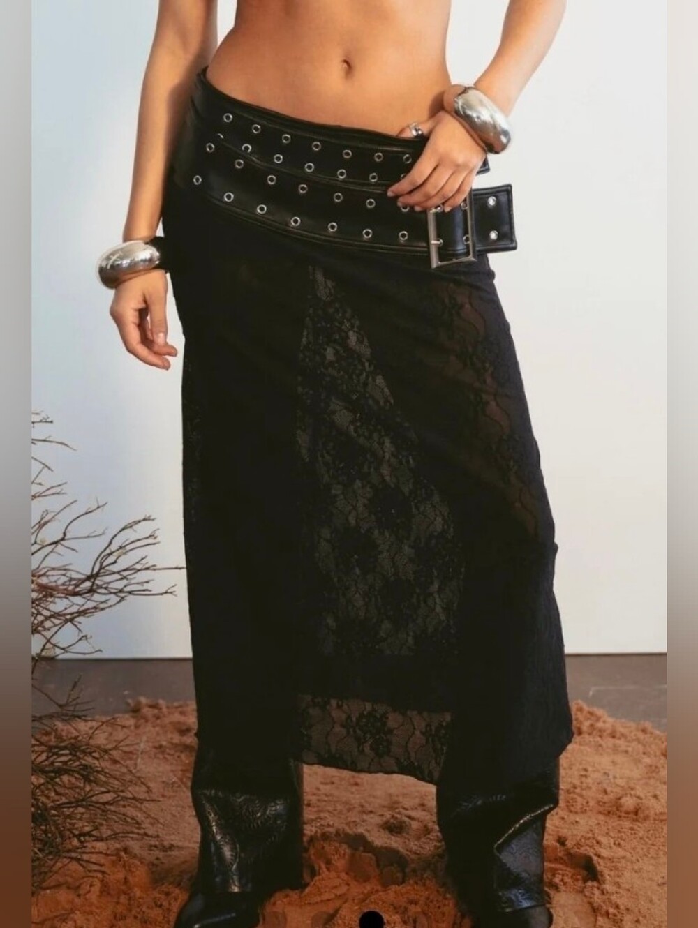 WeWoreWhat Black Double Belted Lace Midi Skirt